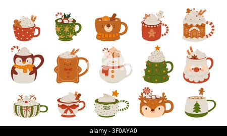 Christmas hot drink. Holiday mugs. Cartoon cups in various shape with beverages. New year cacao, mulled wine, coffee with sweets, marshmallow, cream Stock Vector