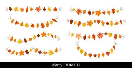 Autumn leaves garland. Fall hanging decor. Cute yellow, orange, red color seasonal leaf hang for Thanksgiving holiday. Decorative season foliage Stock Vector