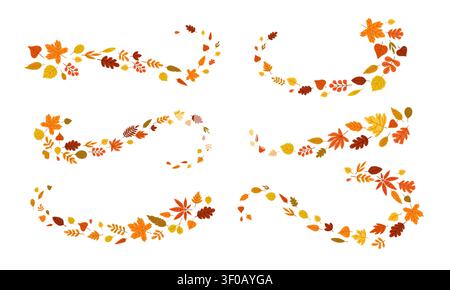 Autumn falling leaves. Fall swirl foliage. Simple yellow, orange, red leaves dynamic falling, swirling, flying in air, blowing in wind. Season tree Stock Vector