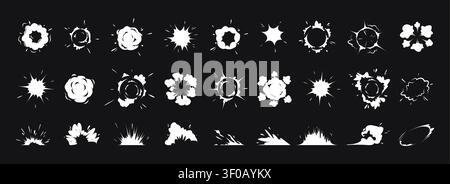 Comic explosive effect. Radial explosion icon. Cartoon explode cloudburst, bomb explosion, fire fume, speed smoke ring, blast, gas puffs in air, bang Stock Vector