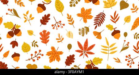 Autumn leaves seamless pattern. Background with fall foliage. Nature texture with doodle tree, maple, acorn, oak leaf. Vector seasonal forest print Stock Vector