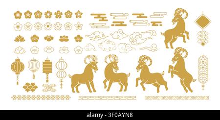 Chinese New Year 2027. Goat symbol. Gold zodiac animals, various rams, sheep and festive decorative elements, cloud, ornament, lantern, flower. Lunar Stock Vector
