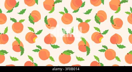 Seamless pattern with peach fruits with green leaves and bitten peaches on beige background. Hand drawn flat style. For wrapping paper, textiles, wallpaper, fabric prints, fashion design, summer decor Stock Vector
