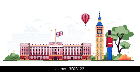 Buckingham Palace and Big Ben - Flat Design Illustration Stock Vector