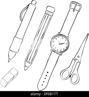 scissors, hand watch pen and pencils School composition Black and white hand drawn illustration. Vector graphic line ink art. Perfect for logo, brandi Stock Vector