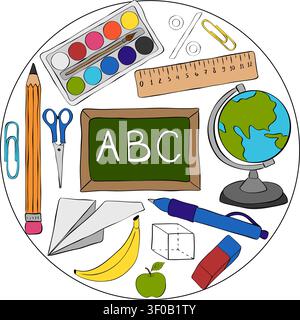 Back to School School round circle composition colored hand drawn illustration. Vector graphic line ink art. Perfect for kids designs, prints, cards a Stock Vector