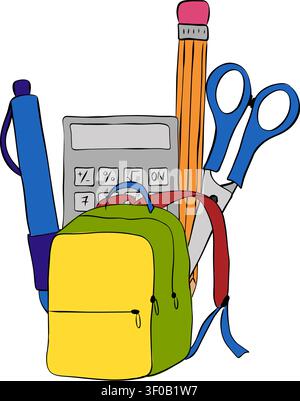 Back to school education School composition colored hand drawn illustration. Vector graphic line ink art. for student learning and classroom activitie Stock Vector
