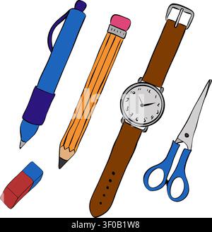 scissors, hand watch pen and pencils School composition colored hand drawn illustration. Vector graphic line ink art. Perfect for logo, branding, pack Stock Vector