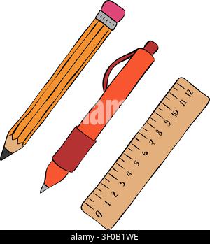 Pens and pencils School composition colored hand drawn illustration. Vector graphic line ink art. For poster, invitation, backdrop, ad, sale promotion Stock Vector