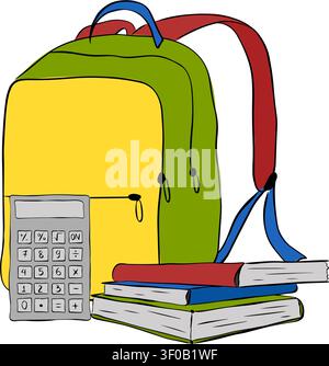 Colorful school backpack filled with books and supplies for students on the go. School composition colored hand drawn illustration. Vector graphic lin Stock Vector