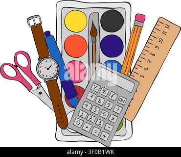 Set of various school and office supplies. Collection of education tools. School composition colored hand drawn illustration. Vector graphic line ink Stock Vector