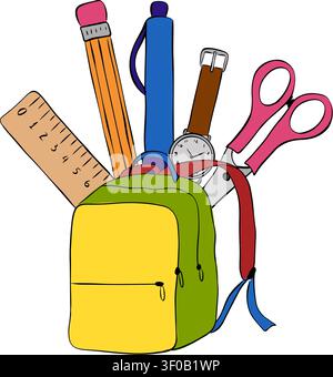 school supplies and tools. bag, pen, pencil, scissors School composition colored hand drawn illustration. Vector graphic line ink art. Sample poster, Stock Vector