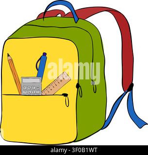 School tools bag pen pencil, calculator composition colored hand drawn illustration. Vector graphic line ink art. Perfect for kids designs, prints, ca Stock Vector