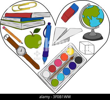 study education tools School heart composition colored hand drawn illustration. Vector graphic line ink art. Perfect for logo, branding, packaging, la Stock Vector