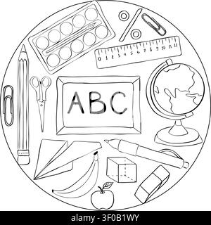 Back to School School round circle composition Black and white hand drawn illustration. Vector graphic line ink art. Perfect for kids designs, prints, Stock Vector