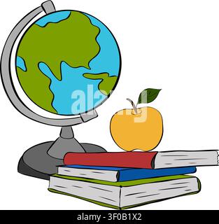 Globe, stack of Books, apple School composition colored hand drawn illustration. Vector graphic line ink art. Geography lesson, Textbook. for package, Stock Vector