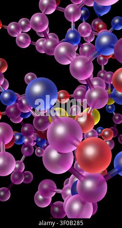 Biomedical 3d illustration of a protein macromolecule structure on a dark black background. Clear atomic rendering offers an excellent graphic for med Stock Photo