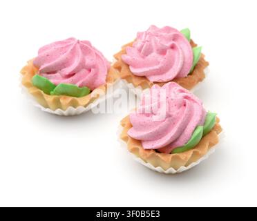 Three mini custard tart cakes isolated on white Stock Photo