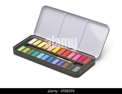 Open metal watercolor paint box isolated on white Stock Photo