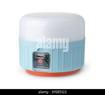 Front view of USB rechargeable solar LED camping light isolated on white Stock Photo