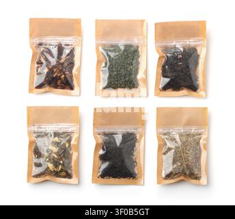 Front view of paper bags with various tea isolated on white Stock Photo