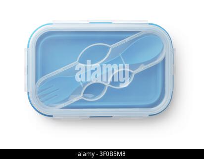 Top view of blue collapsible silicone lunch box with spork isolated on white Stock Photo