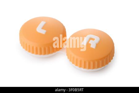 Plastic orange contact lens case isolated on white Stock Photo