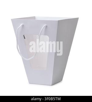 Empty blank white paper flower bouquets bag with handle and window isolated on white Stock Photo
