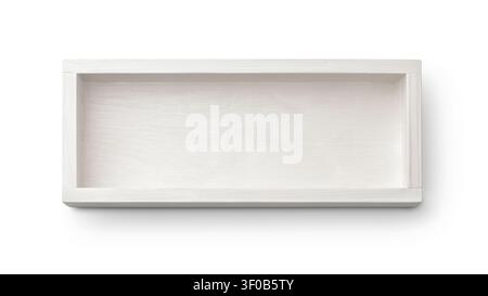 Top view of empty white painted wooden box isolated on white Stock Photo