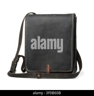 Front view of old black leather military commander bag isolated on white Stock Photo
