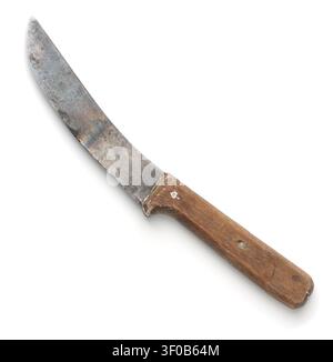 Top view of old kitchen knife with wooden handle isolated on white Stock Photo