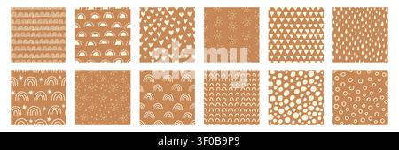 Bohemian baby seamless pattern set, abstract nursery backgrounds in terracotta tones with strokes, circles, stars, arcs, triangles, raindrops, suns, boho design for textile, fabric, kids decor, print Stock Vector
