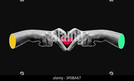 Halftone Hands Finger Heart Gesture Dark Illustration Stock Vector