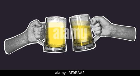 Halftone Hands Clinking Beer Mugs Cheers Illustration Stock Vector