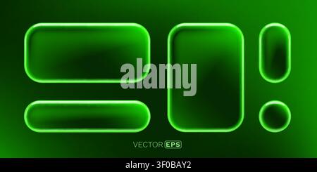 Set of glowing neon green glossy UI buttons and frames on a dark gradient background, perfect for modern tech design. Vector illustration. Stock Vector