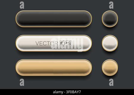 Sleek 3D metallic buttons and banners with golden trim, perfect for modern web design and user interfaces. Vector illustration. Stock Vector