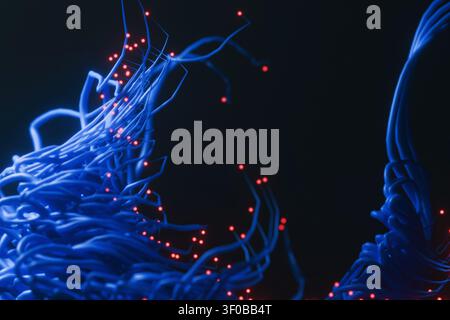 Futuristic 3D abstract illustration of a neural network with tangled glowing blue fibers and luminous red dots at the tips, representing data transfer Stock Photo