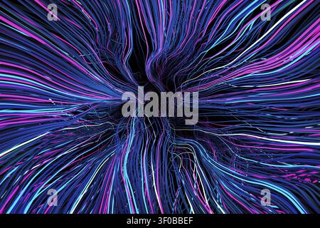 Futuristic abstract of complex, radiating fiber optic data streams. Glowing blue and purple wires burst from a central dark void. Great for technology Stock Photo