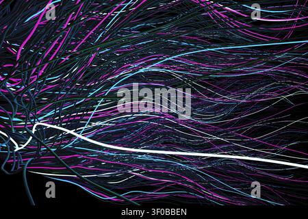 Futuristic abstract background of glowing neon wires and ropes. Vibrant purple and cyan strands weave together against a dark black background. Symbol Stock Photo