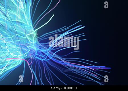 Abstract 3D render of glowing fiber optic cables streaming across a dark background. Vibrant cyan, blue, and purple neon lines representing high-speed Stock Photo