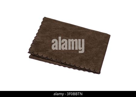 A folded dark brown microfiber cleaning cloth with scalloped edges, isolated on white. Stock Photo