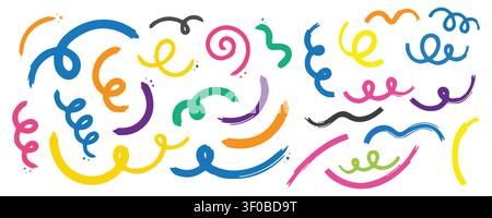 Collection of colorful bold curved lines with loops, hand drawn grunge wavy brush strokes, playful swirls, childish scribbles and squiggles, isolated Stock Vector