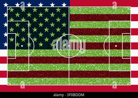 A striking and creative concept design that seamlessly blends the iconic American flag with a full soccer field layout, where the flag stripes are replaced by alternating bands of vivid green grass texture and deep red, and the star field becomes a dark navy grass surface dotted with green stars. White field markings including the center circle, penalty areas, and goal boxes are overlaid across the entire composition, merging national pride with the energy of the beautiful game. This visually powerful and instantly recognizable design is perfectly suited for USA soccer and football tournament  Stock Vector