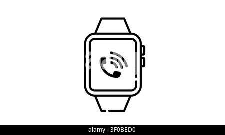 Smartwatch phone call icon: wearable smart watch displaying classic telephone handset symbol on screen, minimalist black line art vector illustration. Stock Vector
