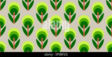 Flat design mid-century modern botanical style backdrop with stylized green flowers Stock Vector
