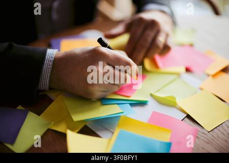 Male professional writes on a sticky note while surrounded by various colorful notes on a wooden desk, illustrating a brainstorming session Stock Photo