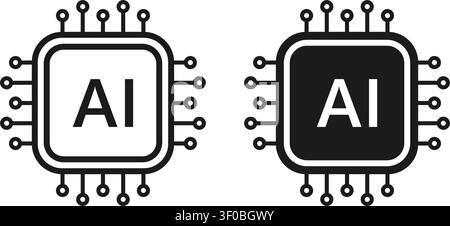 AI Microchip Icons in Black and White Outline Style. Vector Illustration Stock Vector