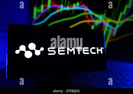 Semtech Corporation Logo Displayed On A Smartphone Screen In Front Of A Computer Showing Stock Market Financial Performance Charts Stock Photo