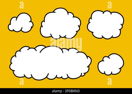 Set of White Cloud Speech Bubble Cartoon Style on Yellow Background, Comic Dialog Box Collection Stock Vector