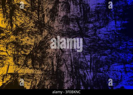 A grunge texture with a mix of yellow, purple, and blue colors, featuring a distressed and worn appearance Stock Vector